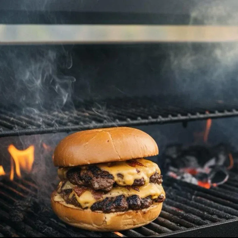 Double cheeseburger on the grill