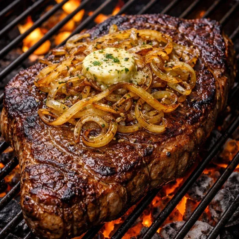 Flame-grilled rib-eye steak with sautéed onions